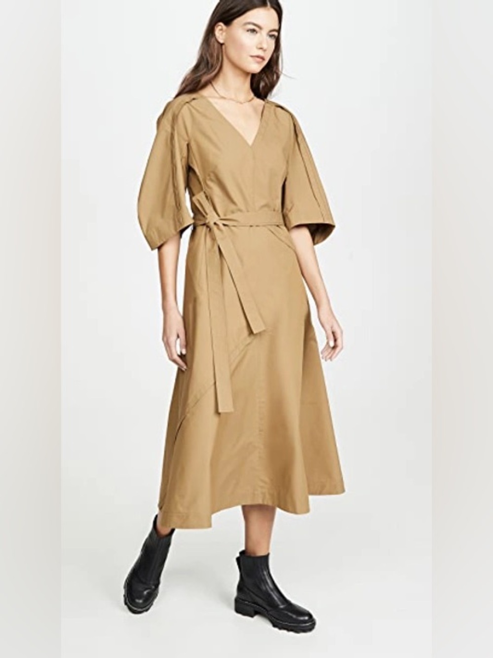 3.1 PHILLIP LIM Balloon-sleeve Cotton-blend Midi Dress In Green Size 4
